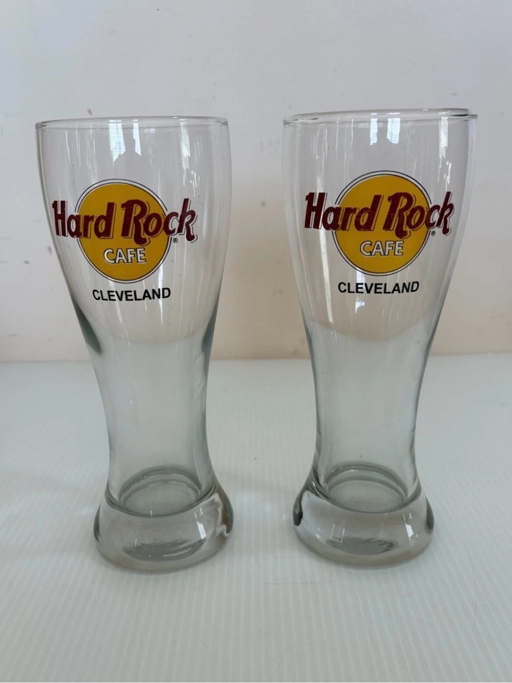 2 Hard Rock Cafe Clear Glass with Yellow & Red Cleveland Logo